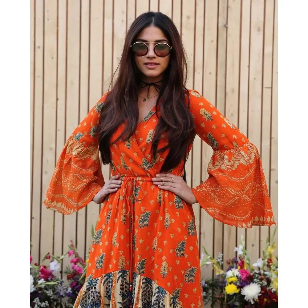 Label Ritu Kumar Rust Orange Boho Printed High-Low Maxi Dress Bell Sleeve Small